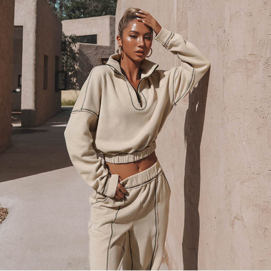 Long Sleeve Sweatshirt Stand Up Zipper Short Top With Loose Straight Leg Pants Women's Clothing - Mubimart
