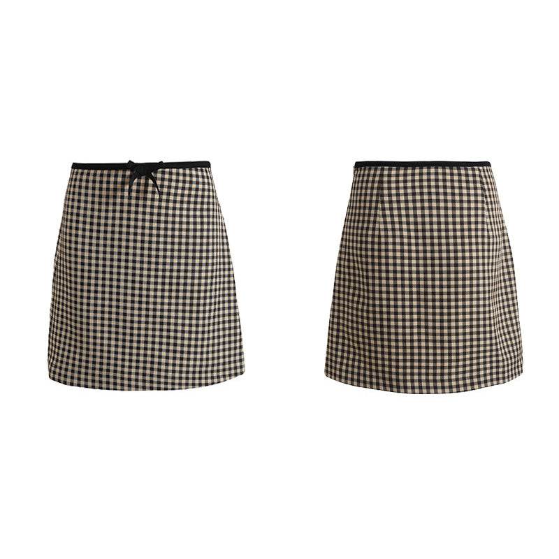 Doll Collar Plaid Crop Top Women High Waist Skirt - Mubimart