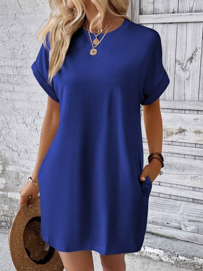 Loose Short Sleeve Dress With Pockets Summer Casual Solid Color Round Neck Straight Dresses Womens Clothing - Mubimart