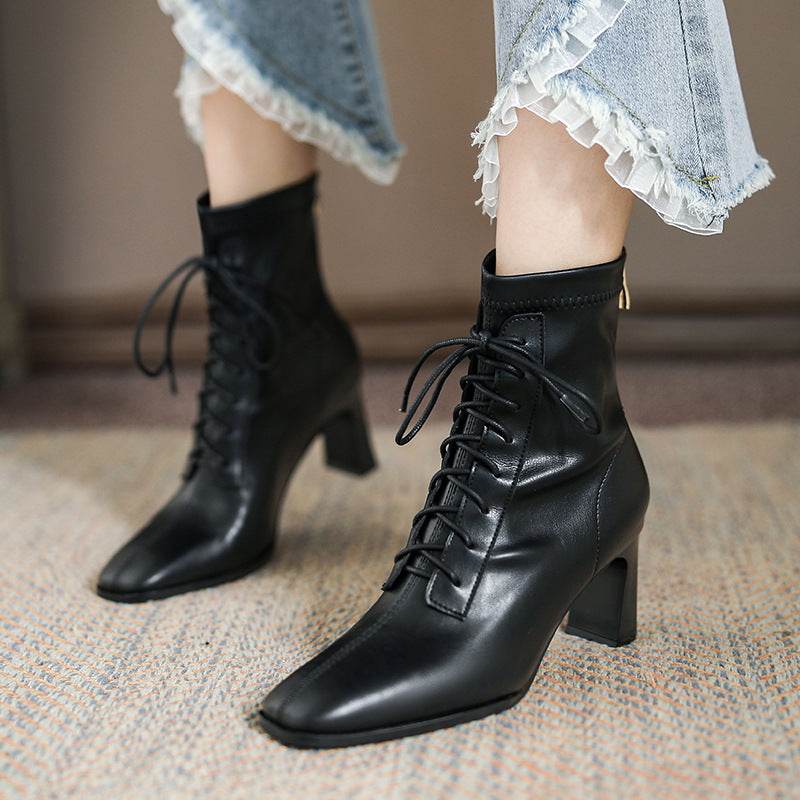 Square Toe High Heel Boots PU Leather Women Ankle Boots - Mubimart