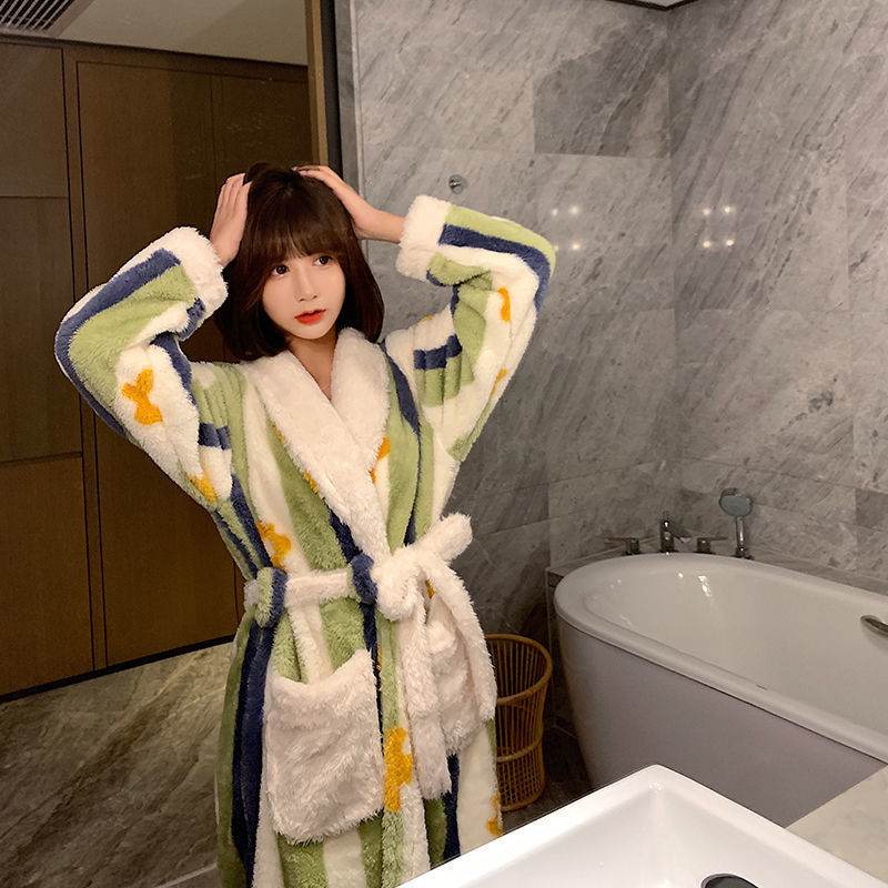 Winter Nightgown Women Coral Fleece Plus Velvet Thick Bathrobe Cute - Mubimart