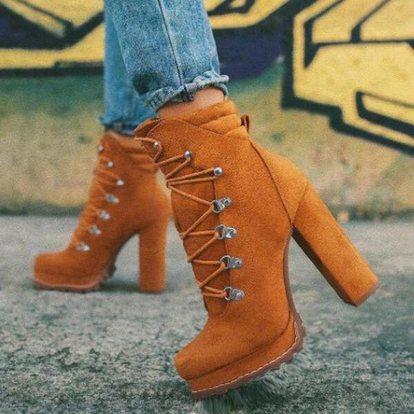 Heeled Boots For Women Round Toe Lace UP High Heels Boots Mid Calf Shoes - Mubimart
