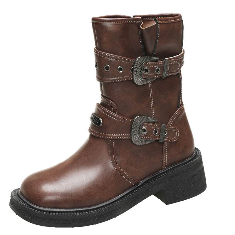 Brown Women's Ankle Boots Retro Square Toe - Mubimart