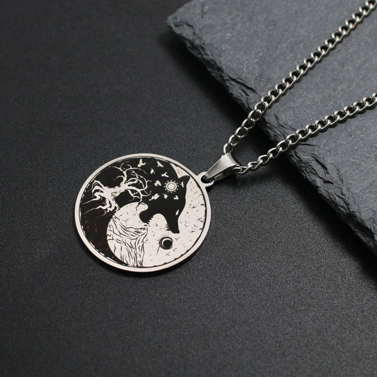Mens Vintage Wolf Head Tree Of Life Pendant Necklace - Mubimart