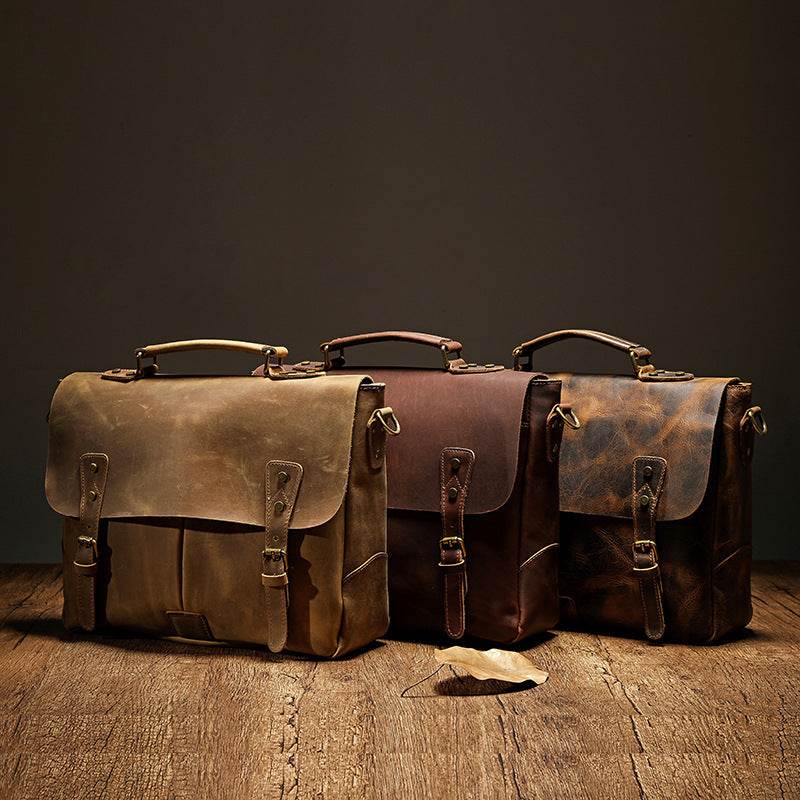 Leather Portable Mens Briefcase Satchel - Mubimart