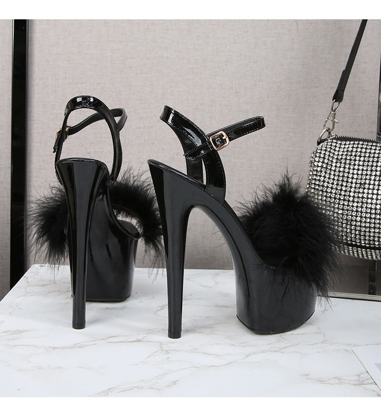 Patent Leather Stilettos Platform Sandals Fur High Heels