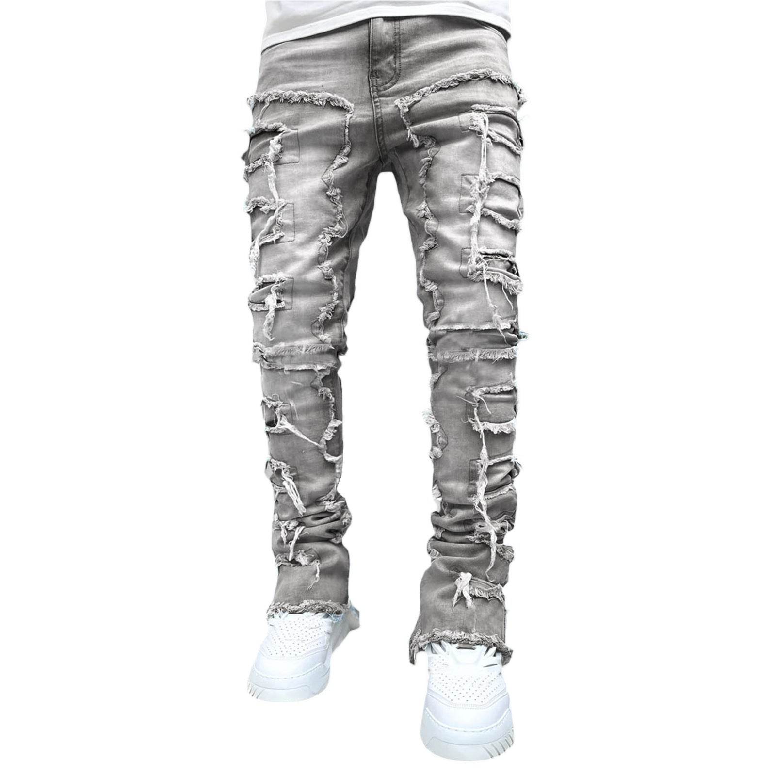 Men Trousers Individual Patched Pants Long Tight Fit Stacked Jeans For Mens Clothing - Mubimart