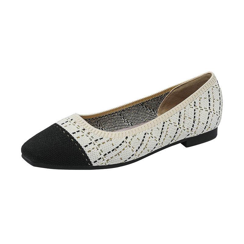Gold Silk Color Matching Pointed Toe Shallow Mouth Square Toe Flat Shoes - Mubimart