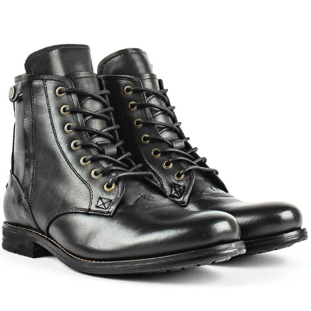 Men Cowboy Boots Retro Lace-up Martin Boot Round Toe Low Heel Shoes - Mubimart