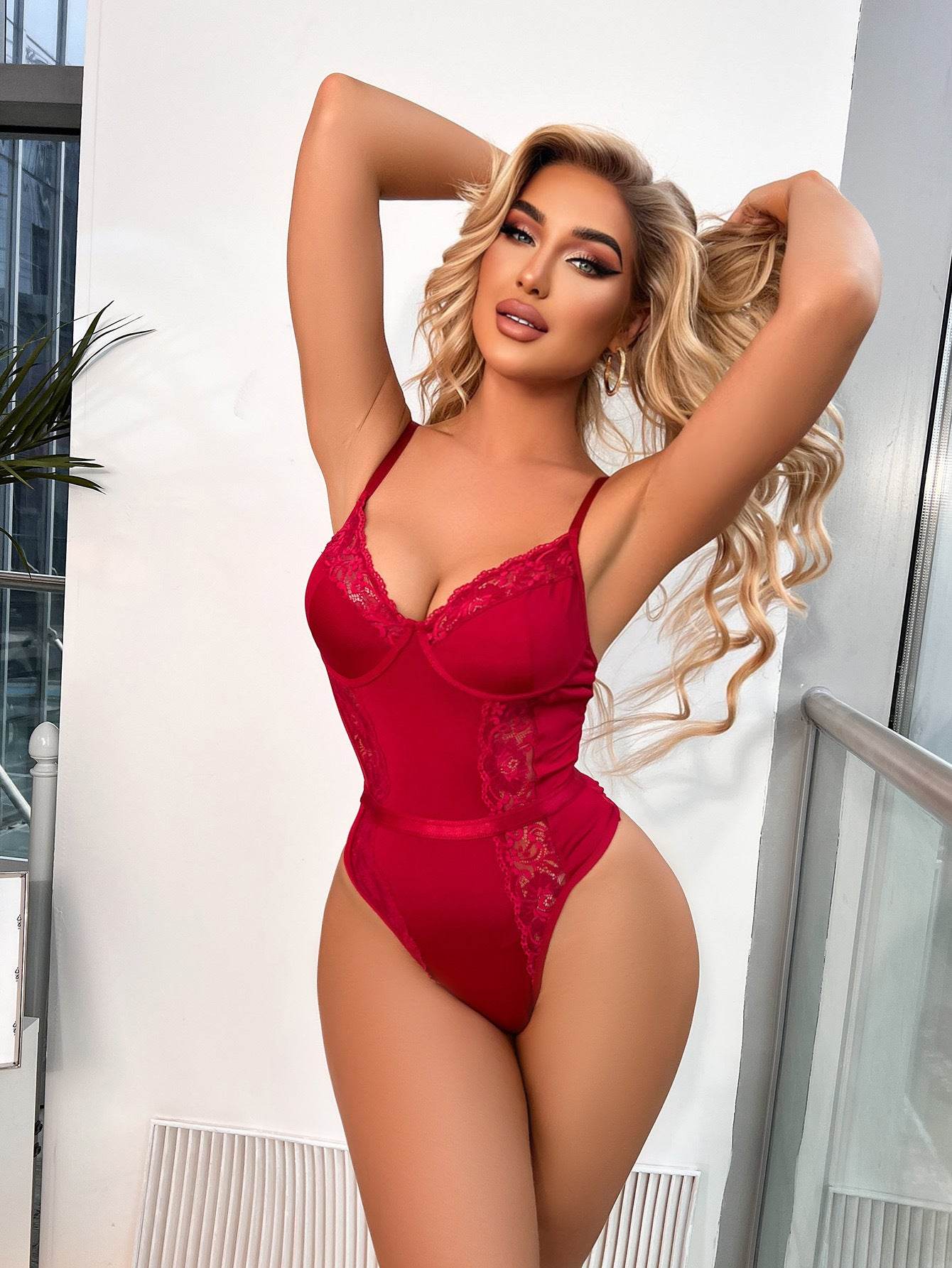 Lace Sheer Open Back Bodysuit Women - Mubimart