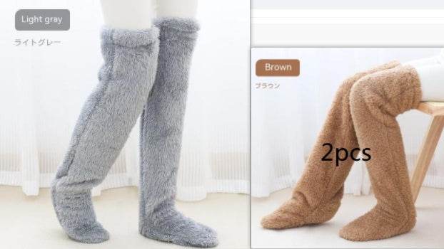 Over Knee High Fuzzy Long Socks Winter Warm Cold Leg Knee Joint Cold-proof Stockings Home Floor Sleeping Socks - Mubimart