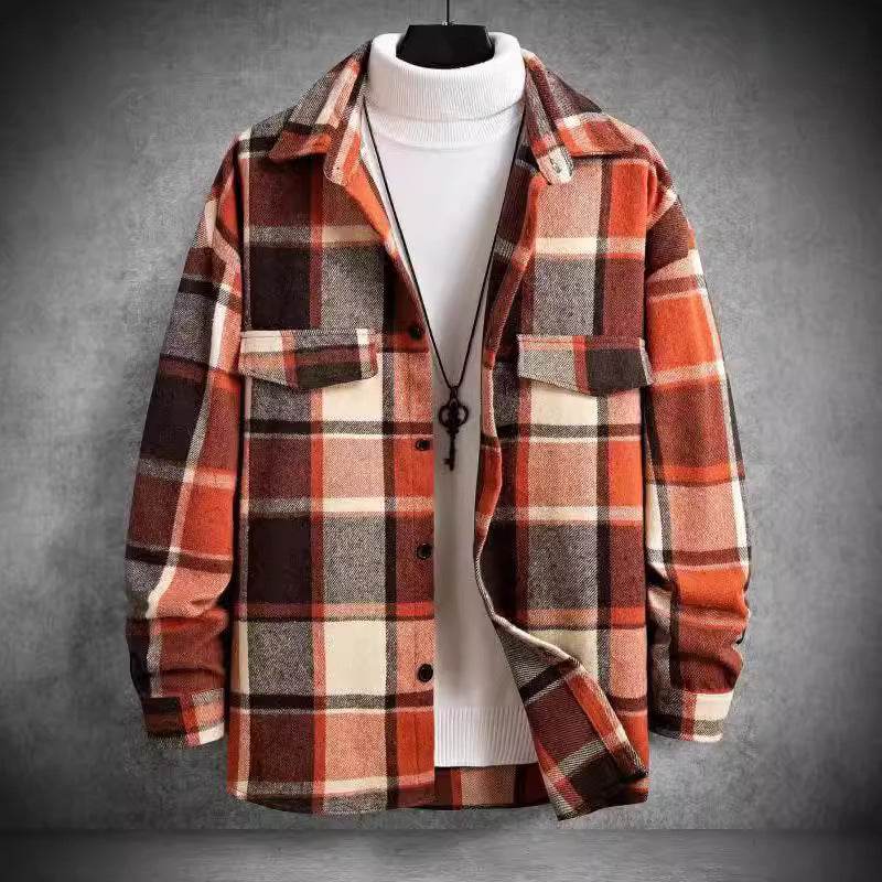 FallWinter Slim Brushed Plaid Long Sleeve Flannel Shirt Men - Mubimart