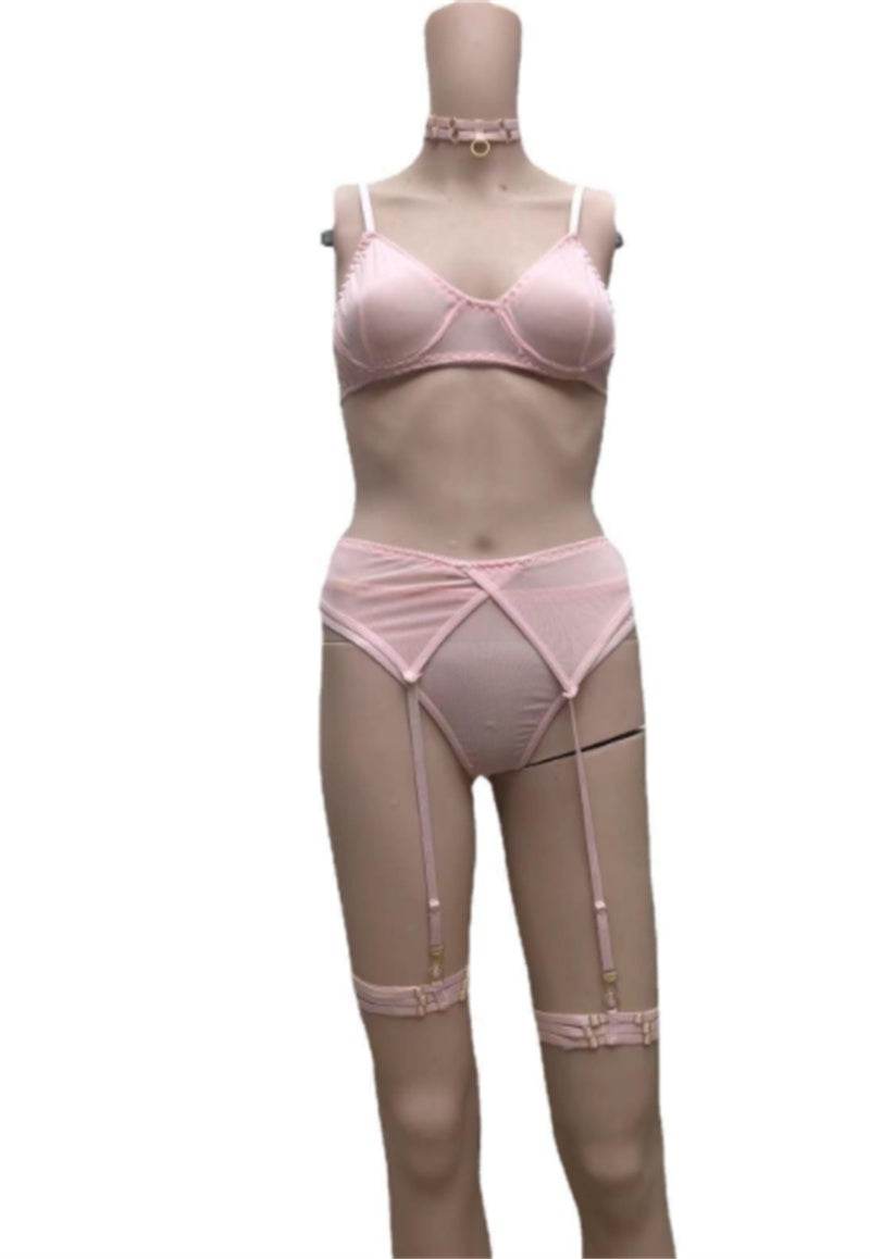Ladies Mesh Lace Garter Belt Three Piece Set - Mubimart
