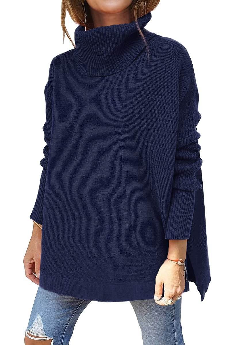 Turtleneck Sweater Mid Length Batwing Sleeve Slit Hem Tunic Pullover Sweaters Winter Tops Women Clothing - Mubimart