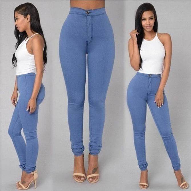 Casual Pants For Women High Waist Stretch Slim Trouser Skinny Candy Color Jeans - Mubimart