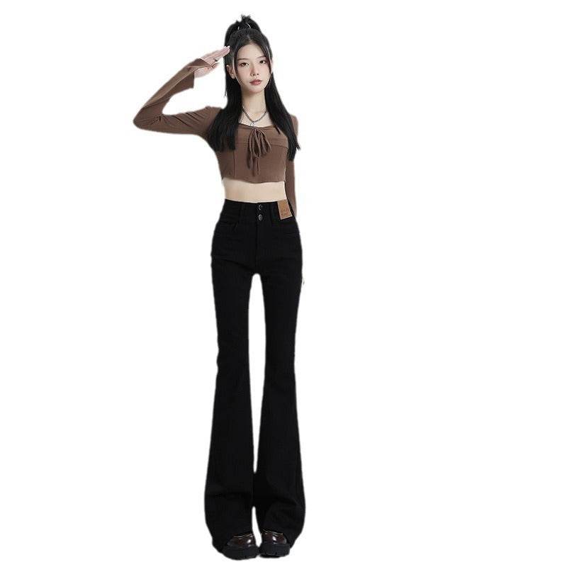 High Waist Slimming Hot Girl Double Buckle Slightly Flared Jeans Women - Mubimart