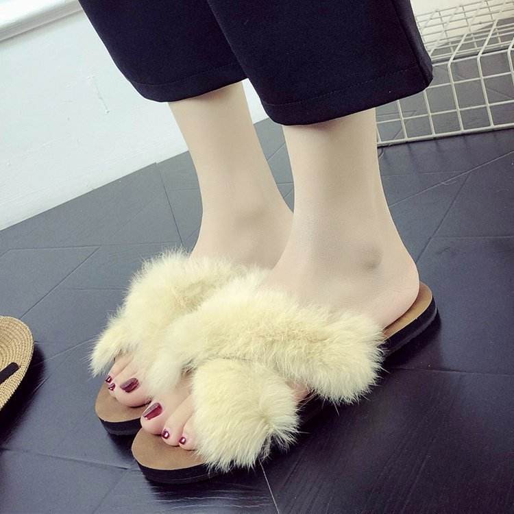 Spring New Fluffy Slippers Women's Summer Fashion Outerwear Flat Bottom Comfort - Mubimart