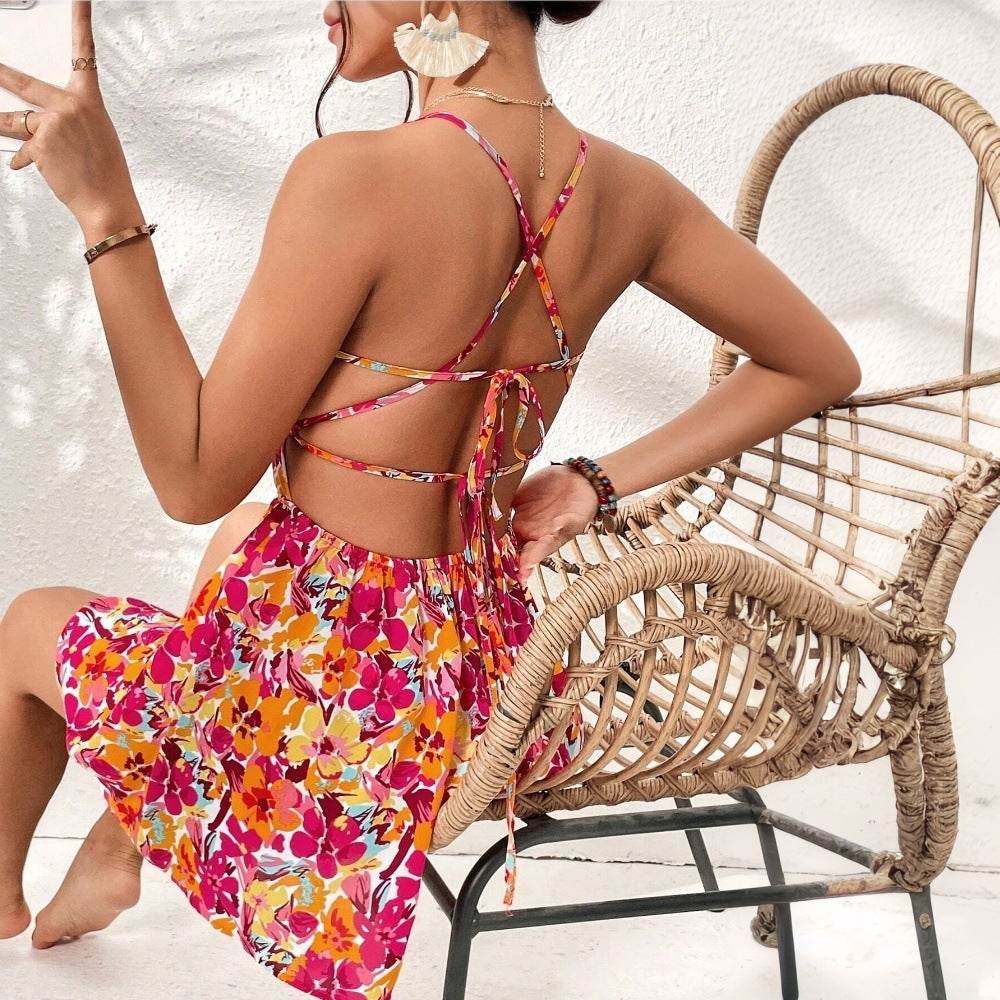Women's Floral Print Dress Summer Lace-up Back Seaside Holiday Short Dresses - Mubimart