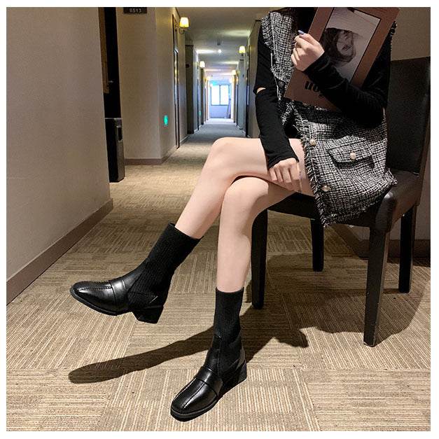 British Style Square Toe Mid-tube Knitted Martin Boots Women - Mubimart