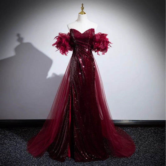 Wedding Red Formal Fishtail Sequins Evening Dress - Mubimart