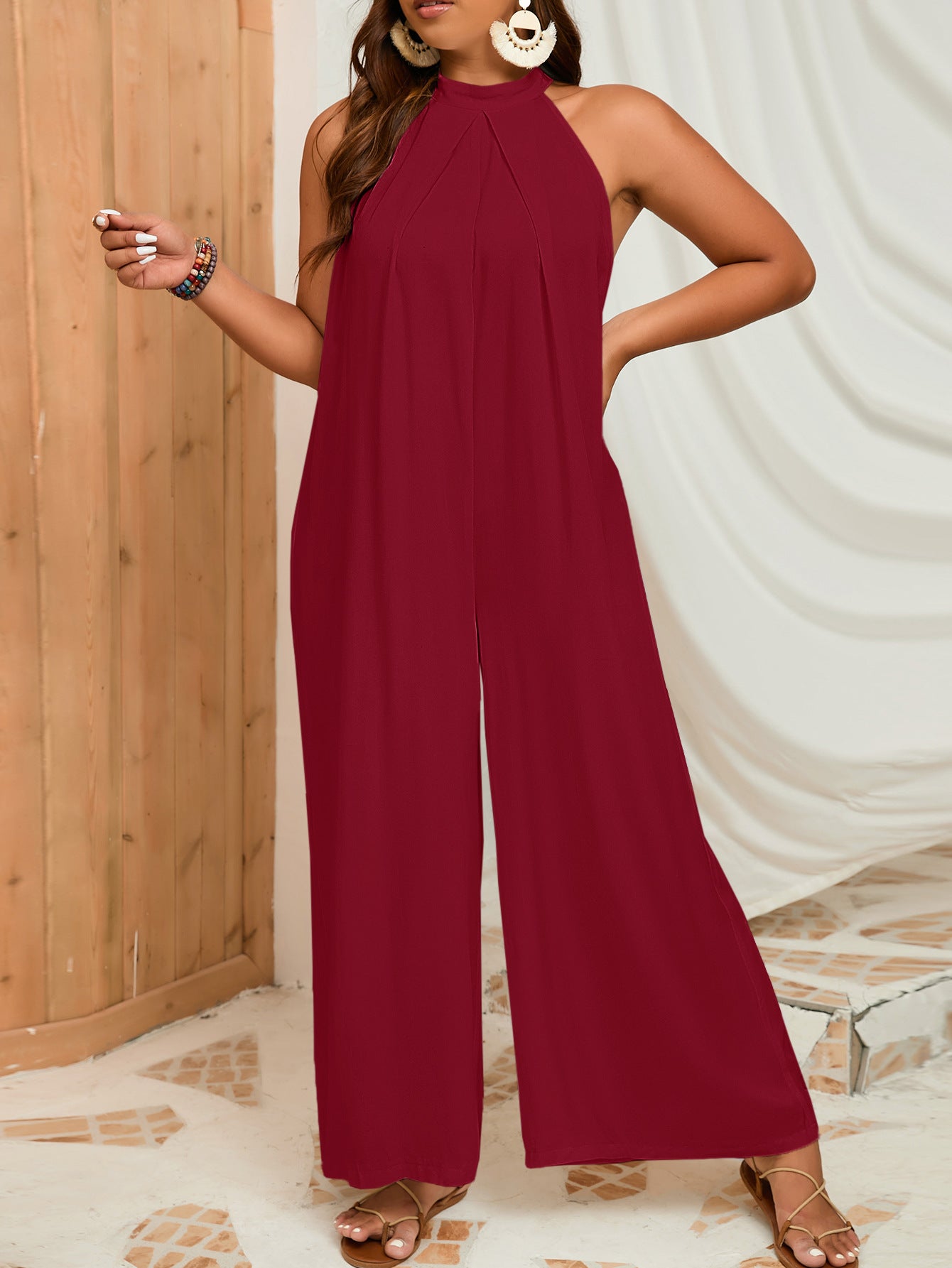 Pure Color Halter Sleeveless Casual Plus Size Jumpsuit - Mubimart -  