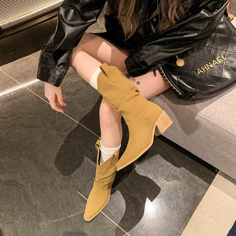 Autumn And Winter New Retro Pointed Chunky Heel Western Cowboy Boot - Mubimart