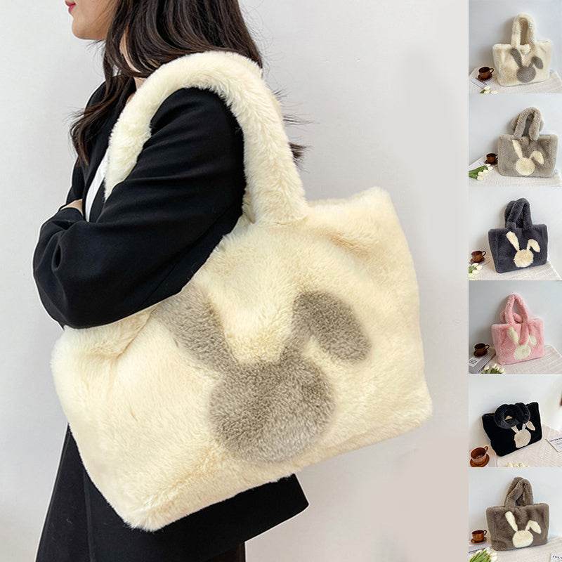 Cute Cartoon Rabbit Ears Plush Bag Autumn And Winter Shoulder Bag Shopping Handbags Large Capacity Personalized Tote Bags For Women - Mubimart