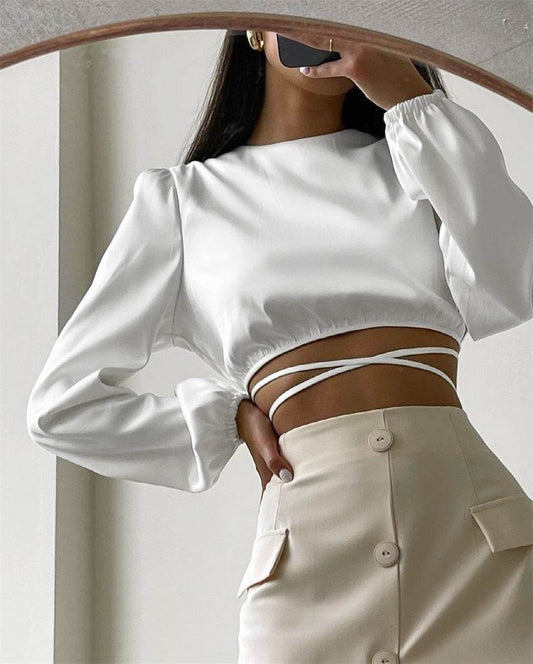 New Lace-up Backless Design Sense Short Section Sexy Navel Long-sleeved Tops Europe And The United States Women Blouses - Mubimart