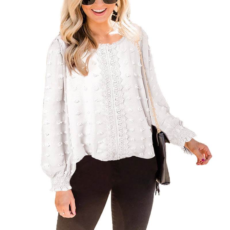 Chiffon Jacquard Lantern Long-sleeved Round Neck Blouse Women - Mubimart