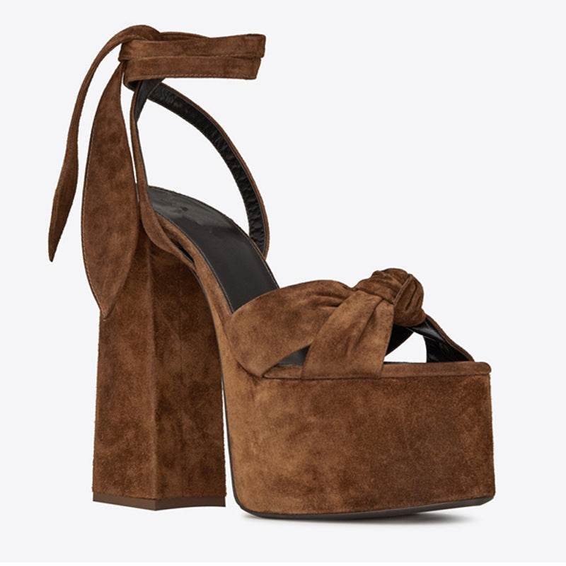 Summer Peep Toe Platform Thick Heel Bowknot Lace-up Super High Heels - Mubimart