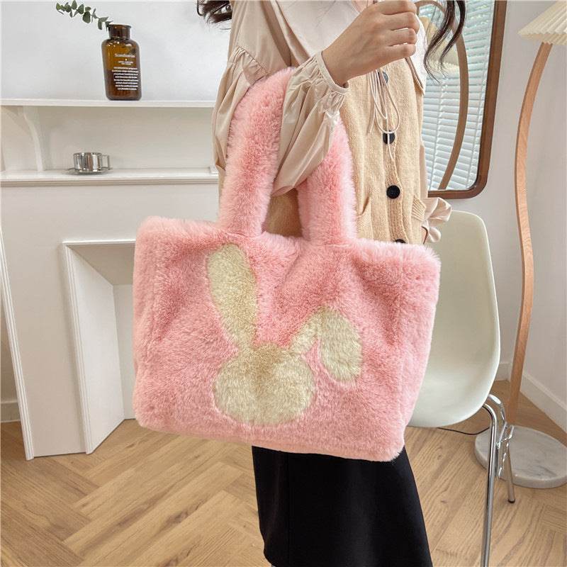 Cute Cartoon Rabbit Ears Plush Bag Autumn And Winter Shoulder Bag Shopping Handbags Large Capacity Personalized Tote Bags For Women - Mubimart