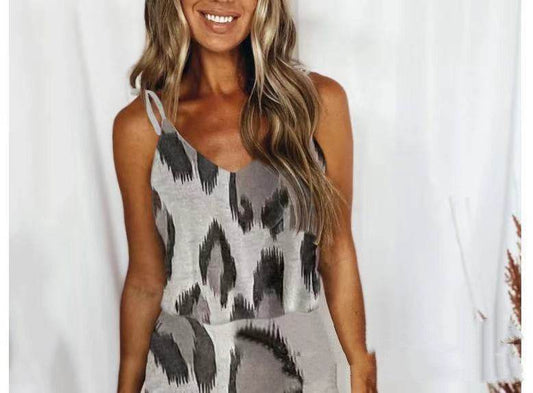 Printed Leopard V-Neck Slip Dress - Mubimart