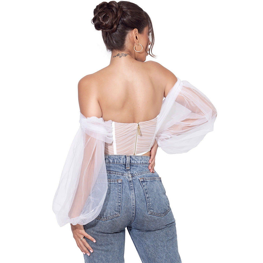 Net Yarn One-shoulder Herringbone Corset Long-sleeved Top - Mubimart -  