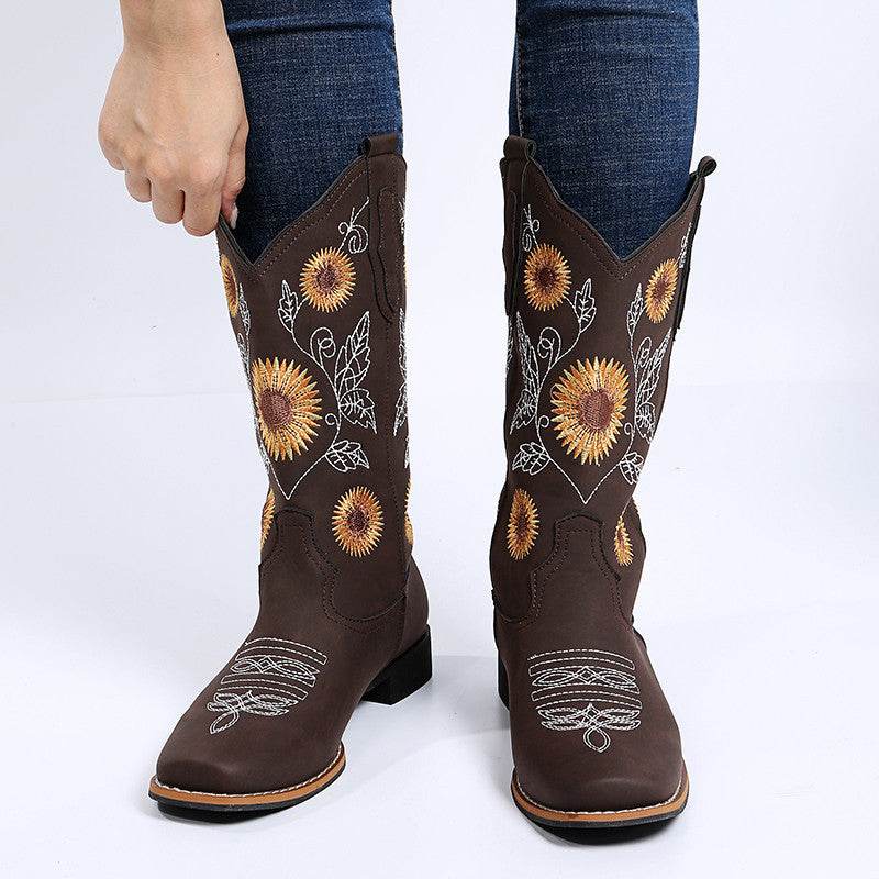 Cowboy Boots Women Sunflower Embroidery Shoes Low Heel Western Boot - Mubimart