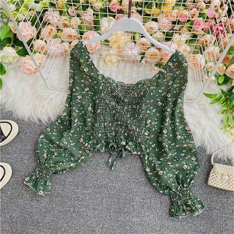 Sweet Square Neck Blouse Floral Chiffon Shirt Women - Mubimart