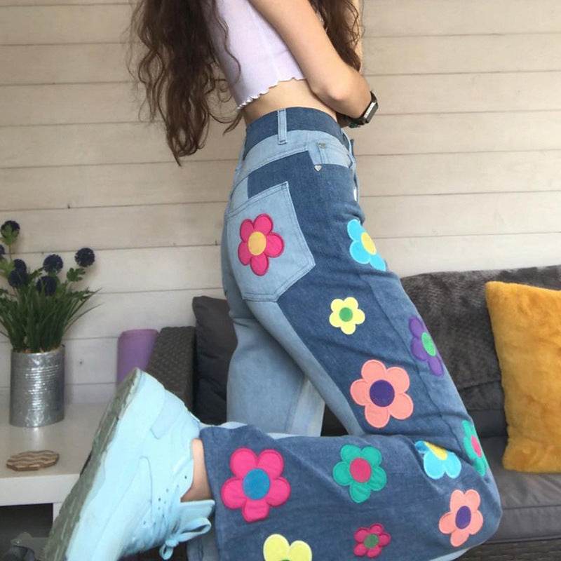 Women's Fashion Pattern Colorblock Bootcut Jeans - Mubimart