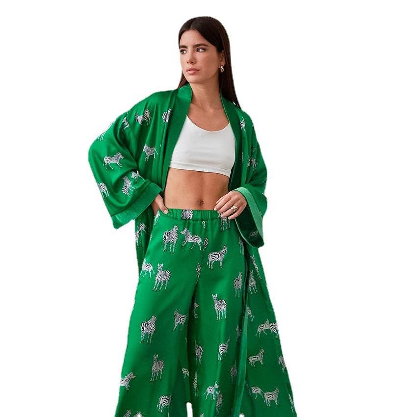 Autumn Print Long-sleeved Plus Long Nightgown Trousers - Mubimart