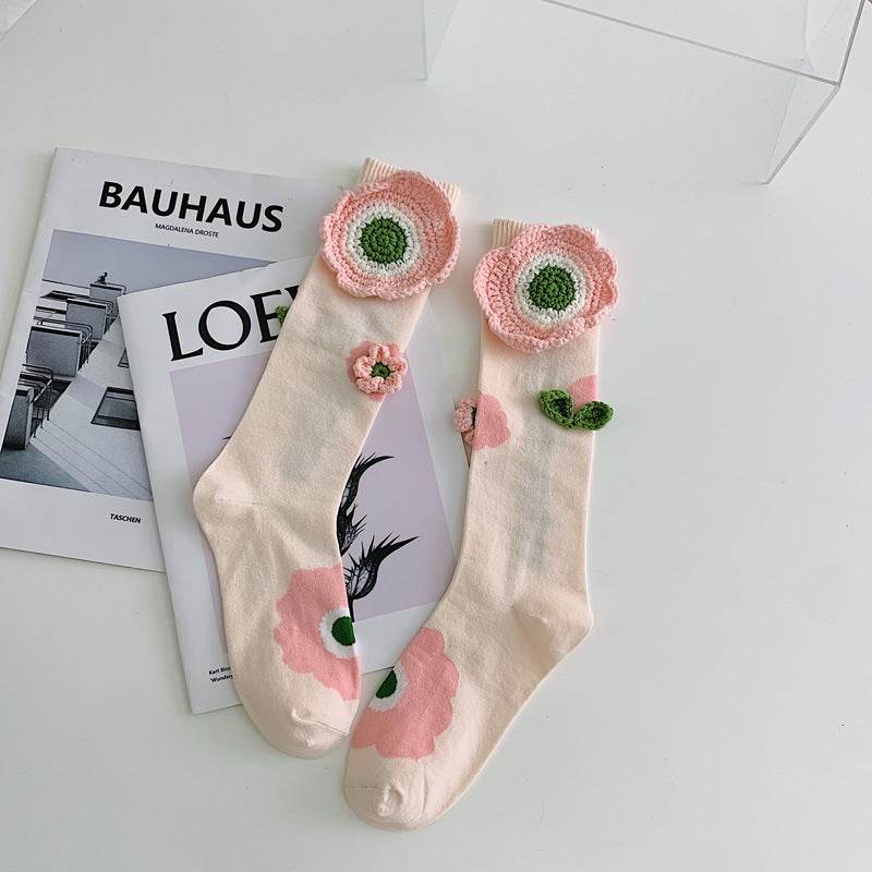 Handmade Flowers Calf Socks Women's Cotton Long Tube Internet Celebrity INS Tide High Tube JK Knee-length Calf Socks - Mubimart