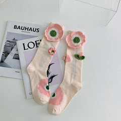 Handmade Flowers Calf Socks Women's Cotton Long Tube Internet Celebrity INS Tide High Tube JK Knee-length Calf Socks - Mubimart -  