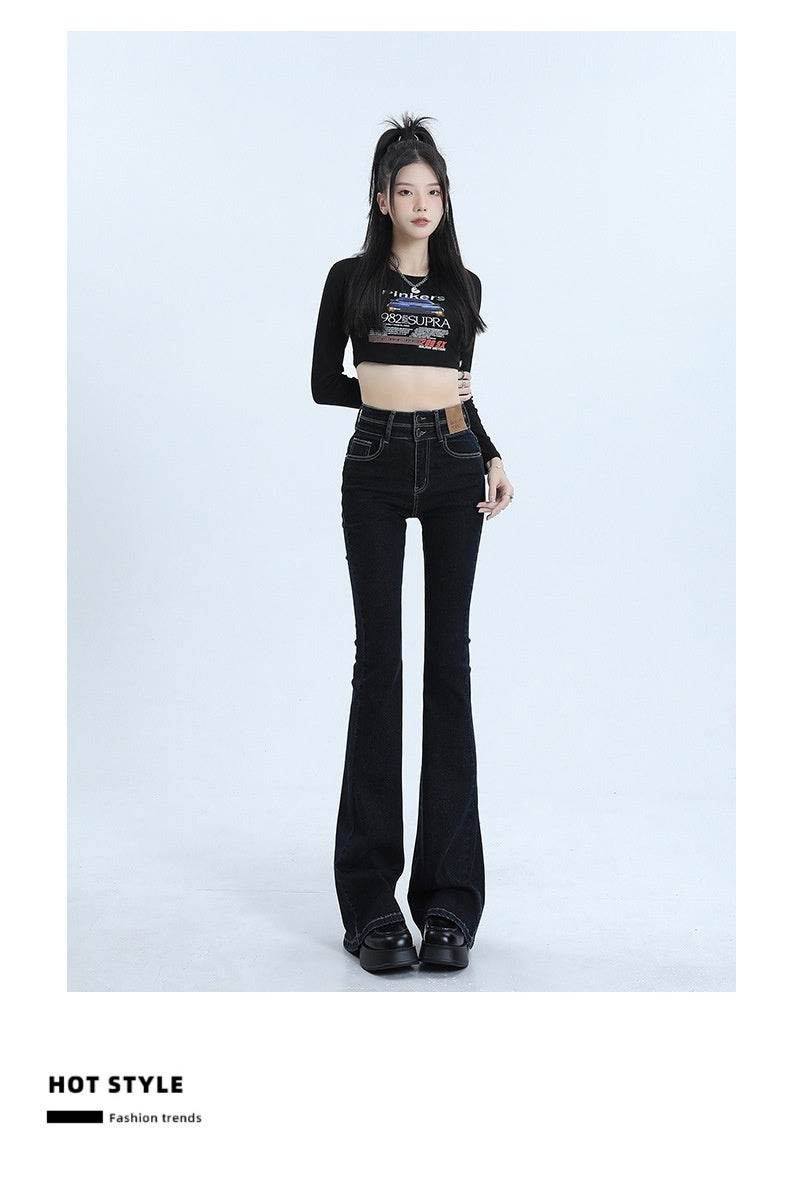 High Waist Slimming Hot Girl Double Buckle Slightly Flared Jeans Women - Mubimart