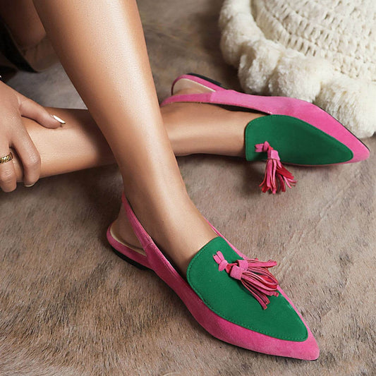 Flat Color-blocking Plus Size Pointed Toe Toe Cap Slingback Sandals - Mubimart
