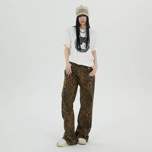 Leopard Jeans Wide Leg Loose Women - Mubimart