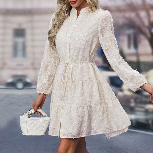Lace Tied Long Sleeve Dress Fashion Medium Length Dresses Womens Clothing - Mubimart
