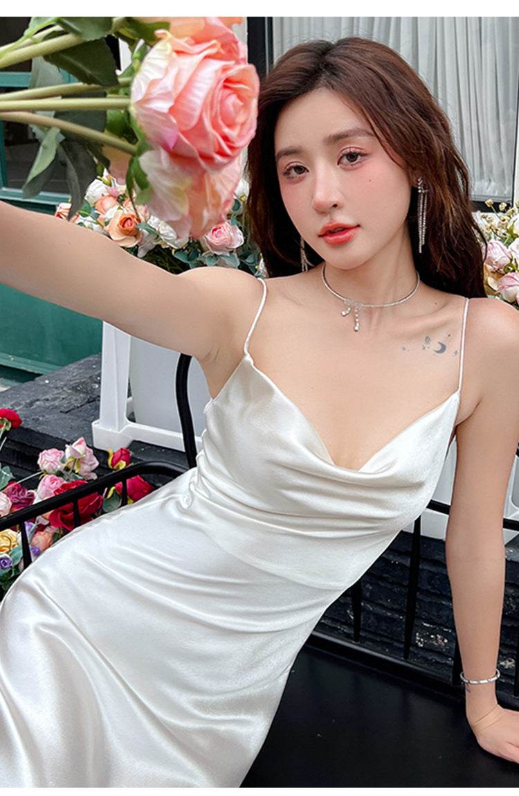 Acetate Strap Fairy Satin Sleeveless Dress Formal Dress - Mubimart