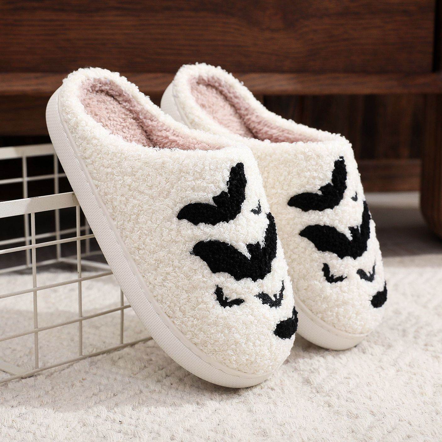 Funny Bat Slipper Halloween Pumpkin Flat Indoor House Shoes For Women Men Soft Plush Cozy Horror Fashion Halloween Gifts - Mubimart