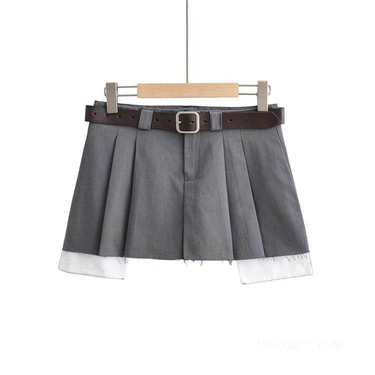 Fake Two-piece Low-waisted Workwear Pleated Skirt - Mubimart