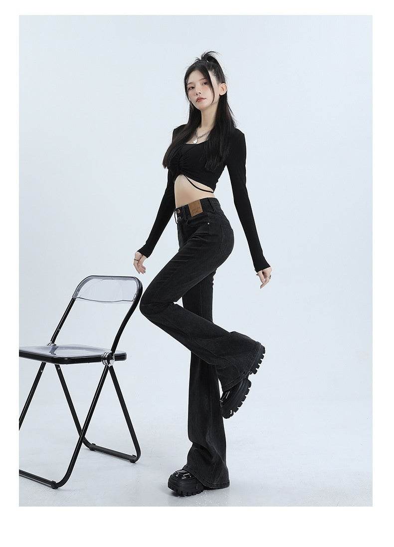 High Waist Slimming Hot Girl Double Buckle Slightly Flared Jeans Women - Mubimart