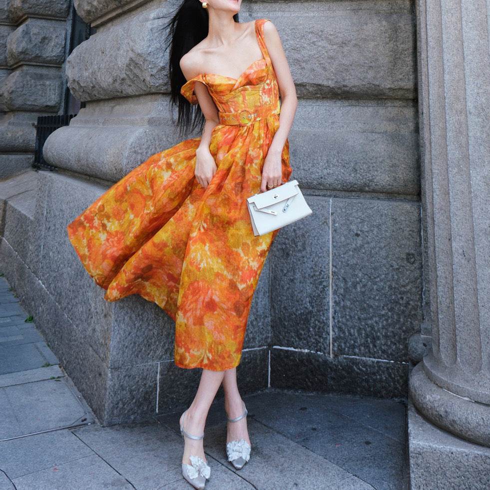 Retro Printing Slip Dress Women - Mubimart