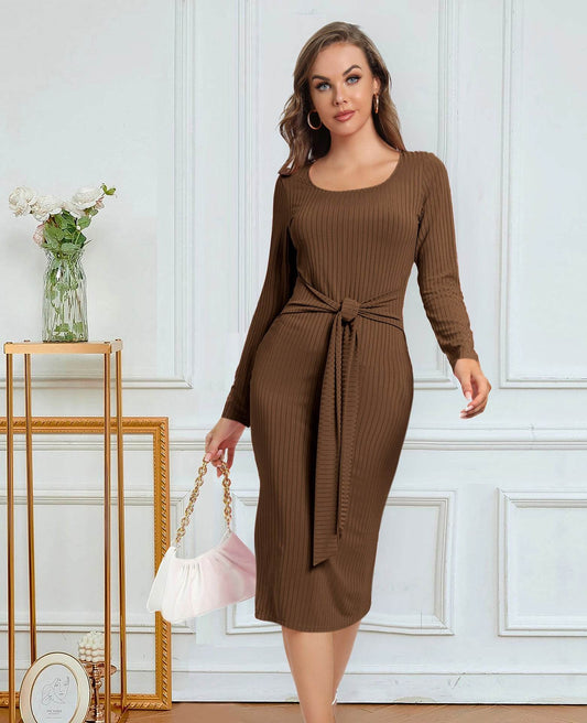 Women's Long Sleeve Tie Split Pit Stripe Midi Dresses - Mubimart