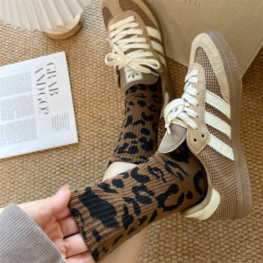 Women's Mid Tube Stockings Brown Leopard Pattern Sports Stockings